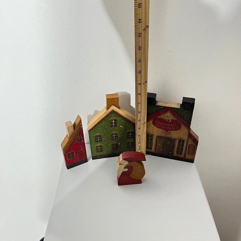 Vintage Artisan Wooden Christmas Village Set  Multicolor Rustic Folk Art Decor
